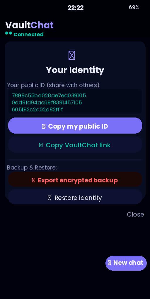 VaultChat identity screen — no account required