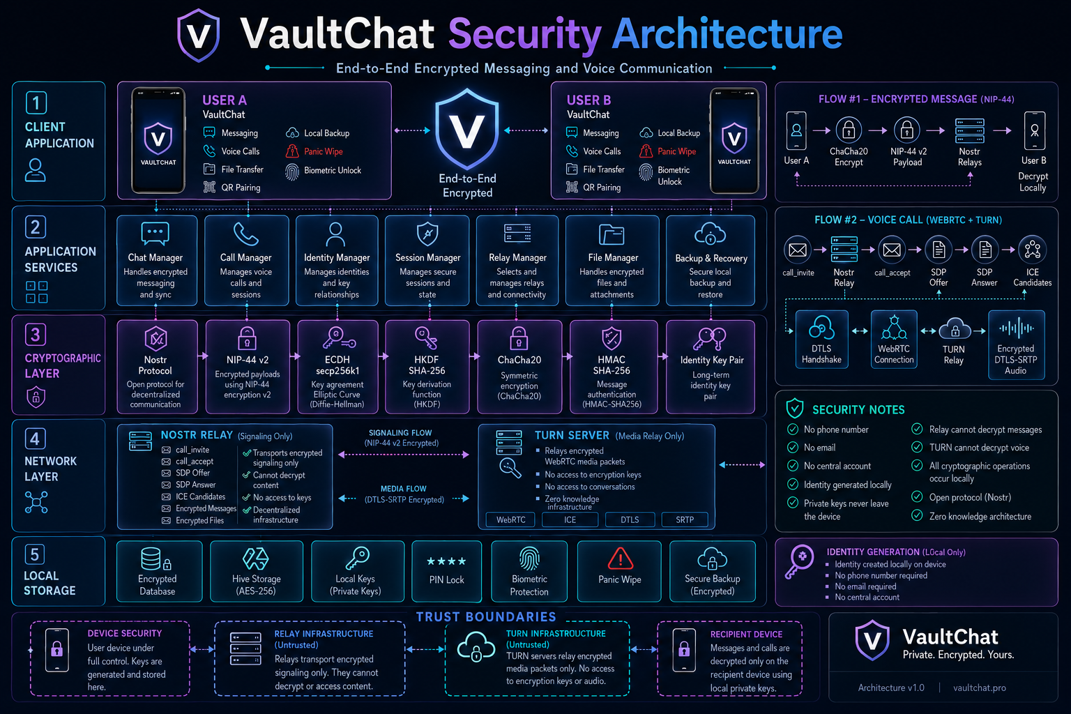 VaultChat Security Architecture showing the client application, cryptographic layer, Nostr relay, TURN server, local storage and trust boundaries